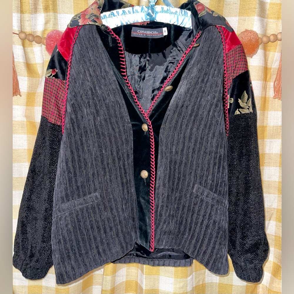 VTG Canvas Backs beautiful button up velvet patchwork jacket/coat EUC